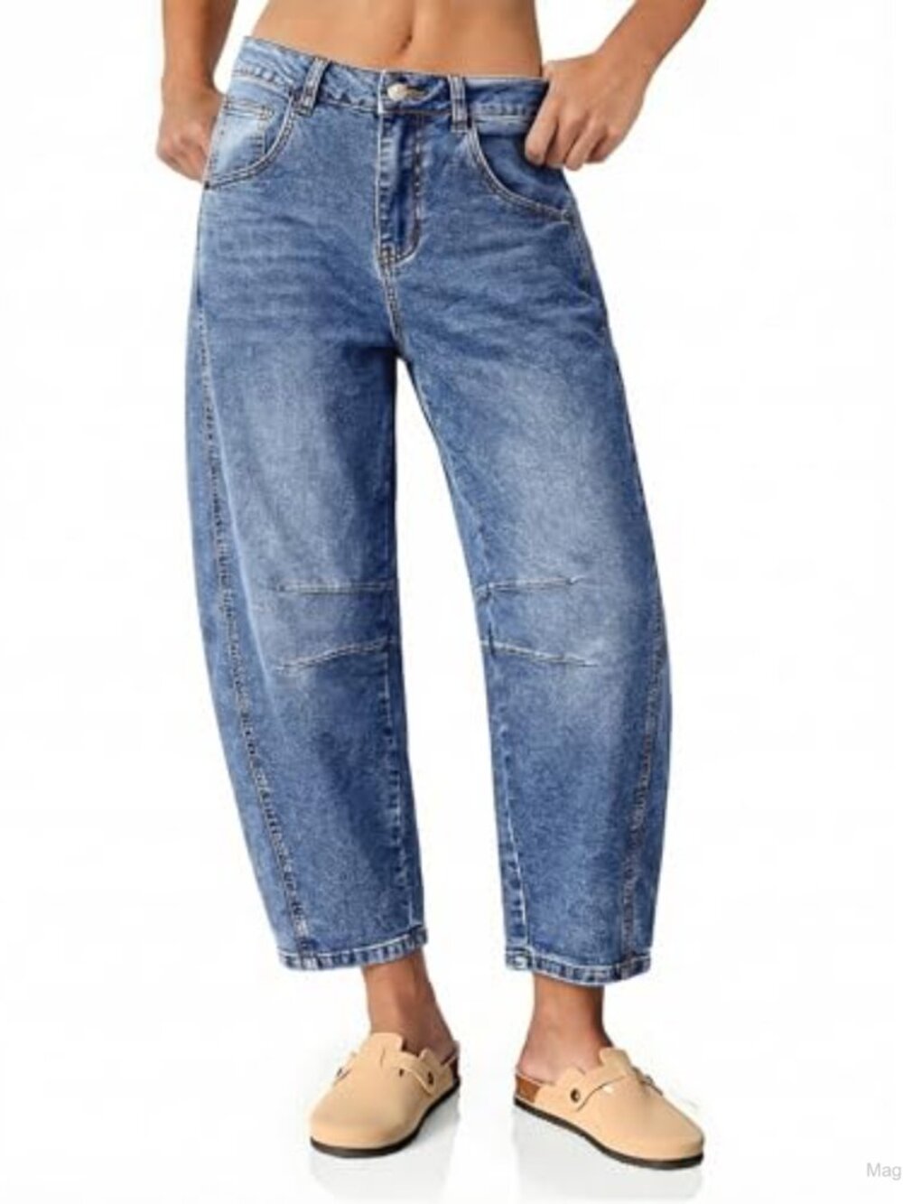 Women's High Waist Cropped Wide Leg Barrel Jeans Relaxed Fit Stretchy Denim